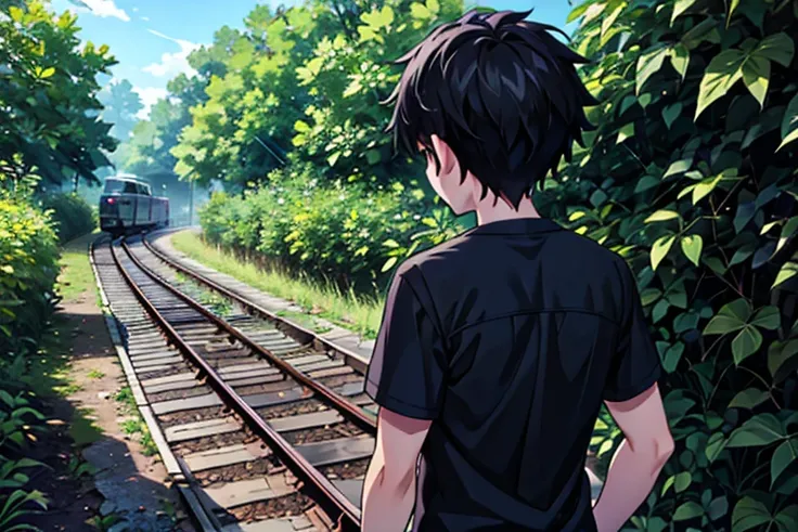 1 boy, back view, zoom out, He wear black shirt, railroad crossing, foliage plant.