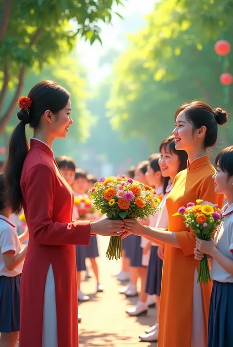 Vietnamese school day with teachers and students giving flowers 