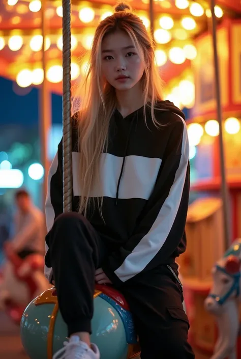 A medium shot of a beautiful korean woman and face facing at the camera with long blonde hair in ponytail. wearing a black mixed white hoodie with black cargo pants and white sneakers. She has a thin smile and is riding a horse on a carousel. The backgroun...