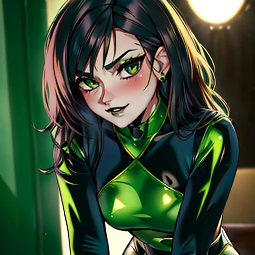 beautiful, masterpiece, best quality, extremely detailed face, perfect lighting, 1girl, solo, shegolady, evil grin, blush, black lips, green bodysuit, on knees, 