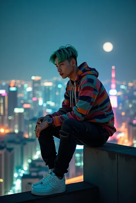 professional photography, city view of Seoul skyline at night. The picture shows a handsome Korean man, with short, trendy green hair, sitting on the edge of a towering roof, looking at the vast city view below. The man wore a stylish hoodie with different...