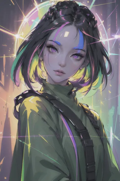 ((masterpiece, high definition ,8K quality, best quality)), one girl,(( extremely detailed face)),female android,Delicate eyes,((Purple Eyes)),((Hairstyle:Shaved Head, black hair,Hair that glows green when exposed to light)), lens flare , dramatic makeup ,...