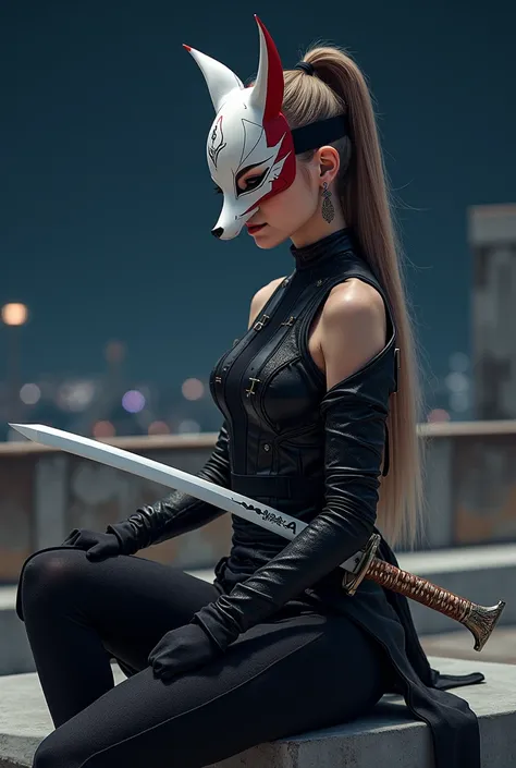 European girl light brown hair with long straight ponytail black eyes with eyeliner elegant features and thin lips hair sticks with a white and red fox mask black and white metallic ninja costume sitting on a rooftop on a dark starry night with a white kat...