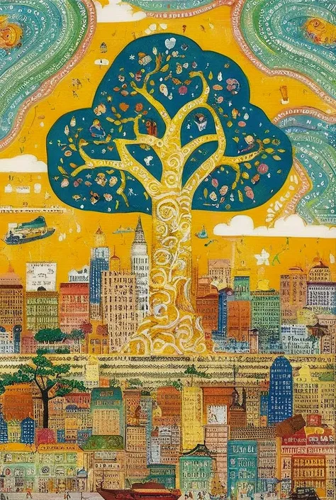   20xx megacities  、  Its the last tree in the world {x} There is an iconic gold tree in that city、 Its the last tree in the world 、  high detail,   several people having fun with each other while having very detailed , Future City of Steam and Magic  、 ul...