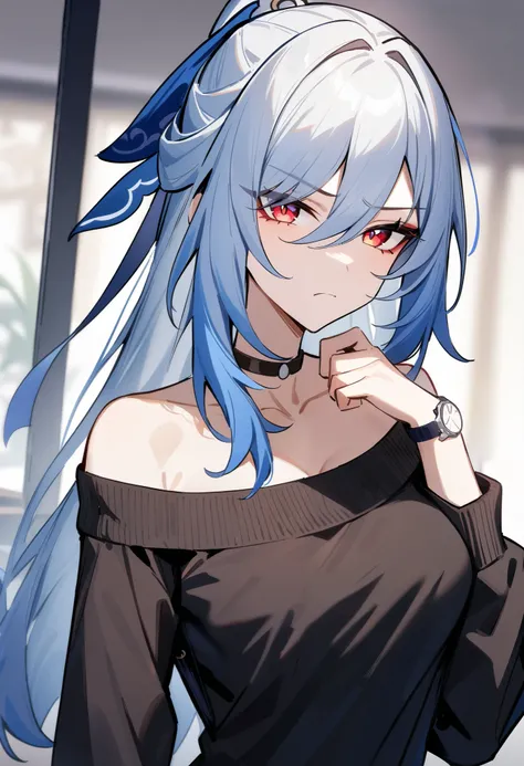 masterpiece, best quality, very aesthetic, absurdres, 1girl, jingliu(honkai: star rail), honkai: star rail, looking at viewer, upper body, high ponytail, red eyes, breasts, alternate costume, off-shoulder sweater, wristwatch, hand up, annoyed