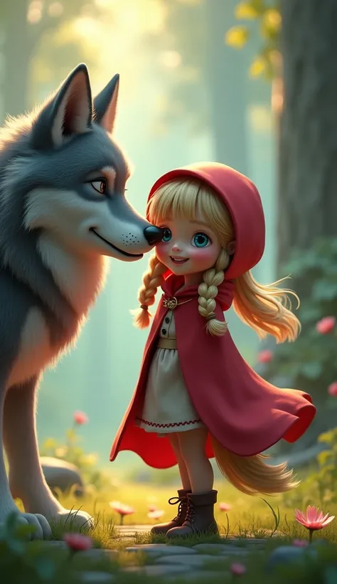 Grey Wolf and Red Riding Hood GirlBlonde hair, Neat bangs, double braids,  blue eyes ,  Smile ,  illustration, 8K rendering, 3D rendering, Shine,  Backlight , 