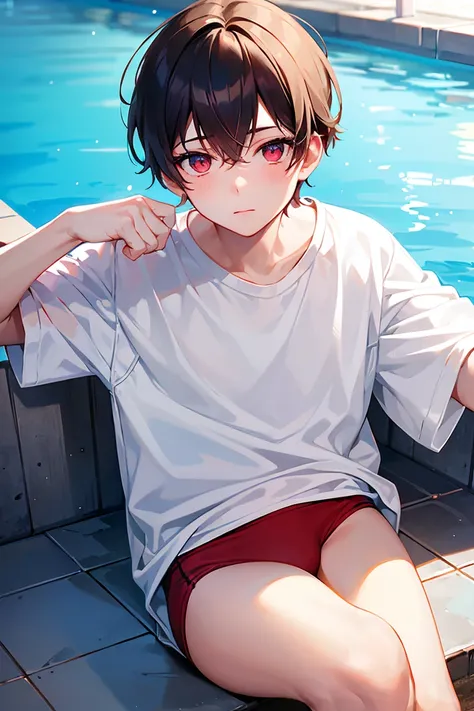 a boy in a white shirt and red underwear, by the poolside, ((beautiful eyes)), ((best quality)), ((masterpiece))