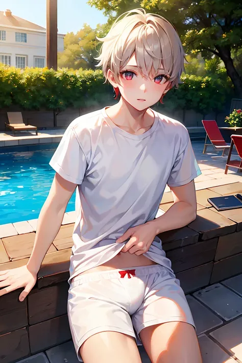 a boy in a white shirt and red underwear, by the poolside, ((beautiful eyes)), ((best quality)), ((masterpiece))