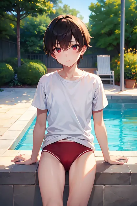 a boy in a white shirt and red underwear, by the poolside, ((beautiful eyes)), ((best quality)), ((masterpiece))