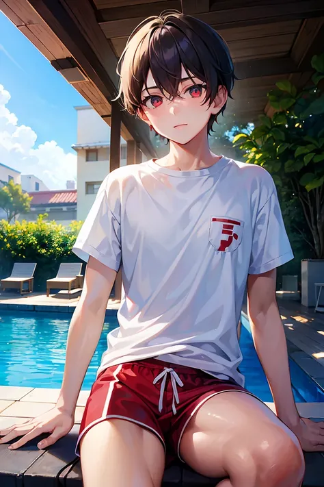 a boy in a white shirt and red tanga, by the poolside, ((beautiful eyes)), ((best quality)), ((masterpiece))