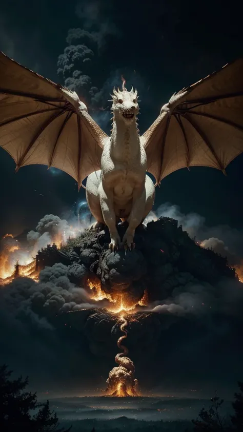 Portrait of a terrifying white dragon flying high resolution 4k masterpiece movie-like lighting dark magic style dim colors fire surrounded by smoke, forest fire, collapsed city, detailed chest depiction, detailed facial image
