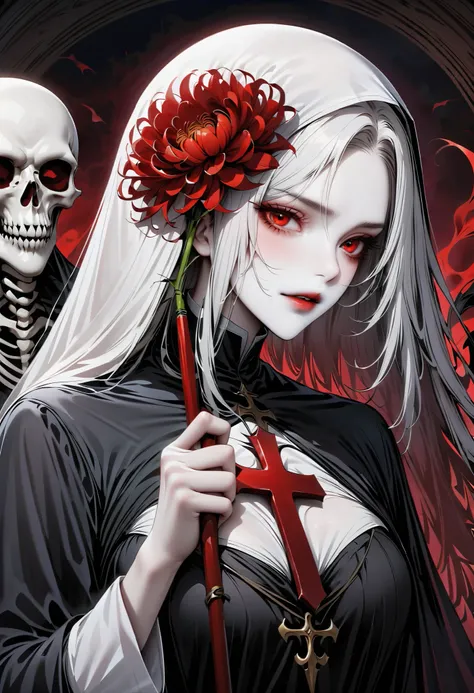 ( better quality,4K,8 k, High resolution,masterpiece:1.2),((( Giant cross :1.37))), A nun and a skeleton godfather in a church, Nun costumes , Characteristics of a nun ,bloody,red lily , red chrysanthemum ,flame,world.