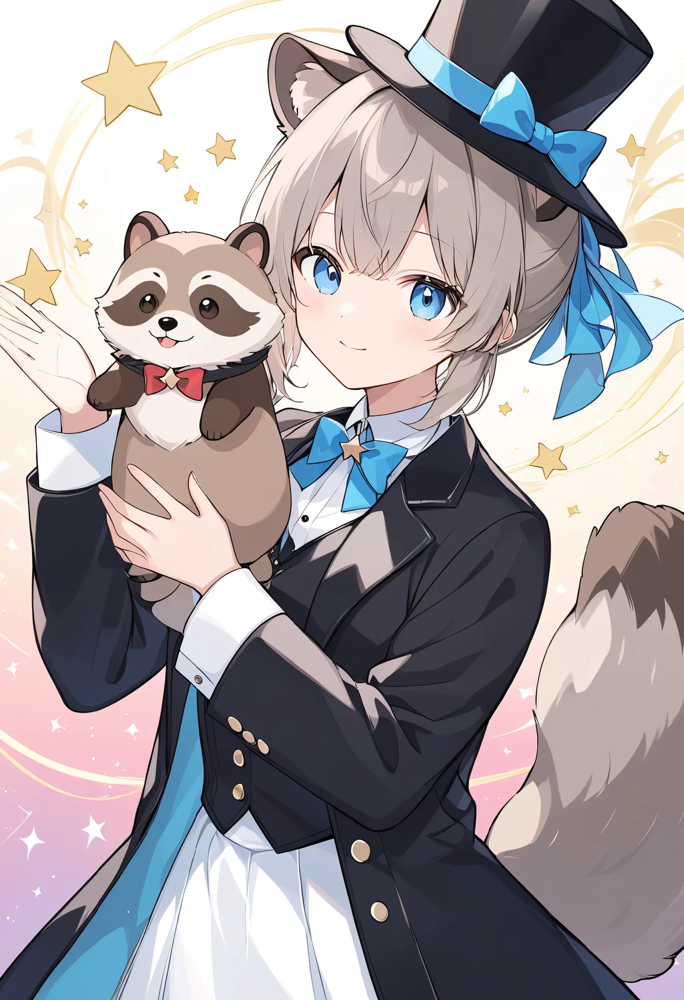  
 pale shade、Light line drawing、magician、手品をするraccoon dog、 wears a black tuxedo and hat、raccoon dog、 fluffy coat、cute,magic show background、dim