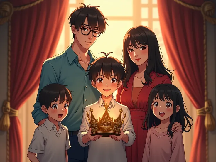 Family portrait, Anime, Cinematic, Mother, Father, brother and son. The s must have a crown on their hands