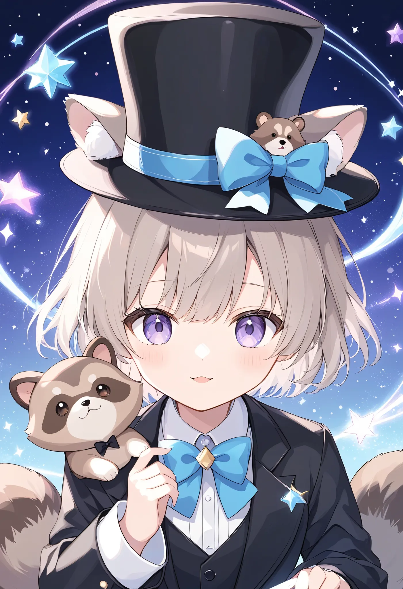  
 pale shade、Light line drawing、magician、手品をするraccoon dog、 wears a black tuxedo and hat、raccoon dog、 fluffy coat、cute,magic show background、dim