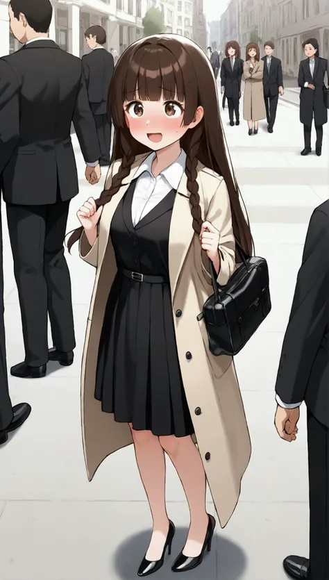 { best quality], [Very beautiful], [Ultra fine], [Best illustration],sauce_anime,stand,Brown Hair,hime cut,Long Hair,Braids,Excited face,Cutesy,Beautiful breasts, slender, make you blush,Woman looking up,Embarrassed,People around,In the city,During commute...