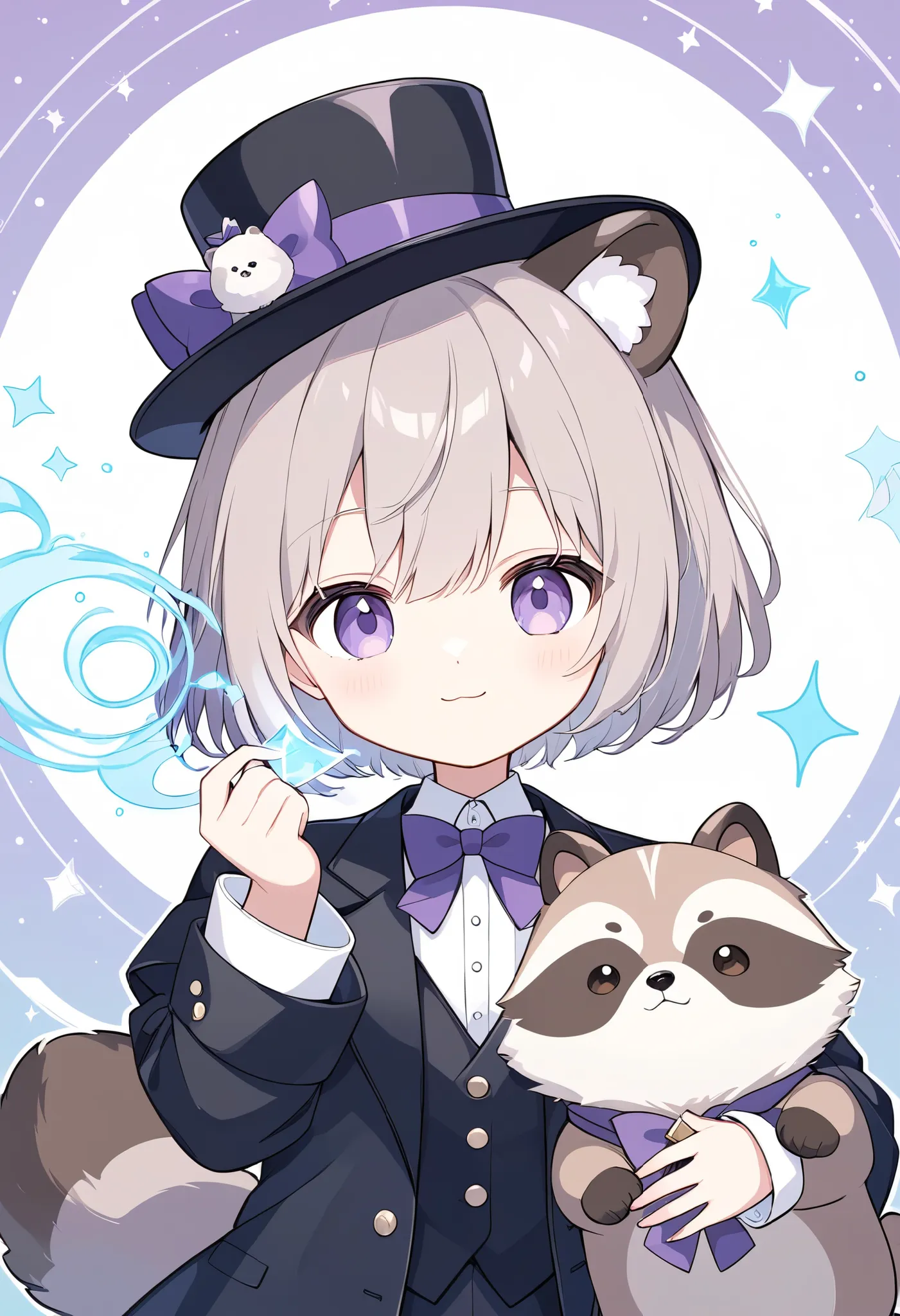  
 pale shade、Light line drawing、magician、手品をするraccoon dog、 wears a black tuxedo and hat、raccoon dog、 fluffy coat、cute,magic show background、dim