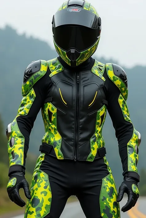 Create me motorcycle outfit kevlar sleeves in green bright gold camo , black chest and pants too  