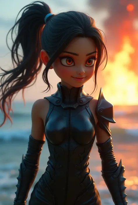 character
#Pixar style
#SeaArt Infinity,   crazy girl with an angry smile, in black armor, the world below is watching the world burn 