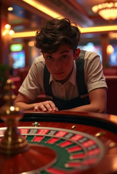 Un jeune qui joue à la roulette casino 
