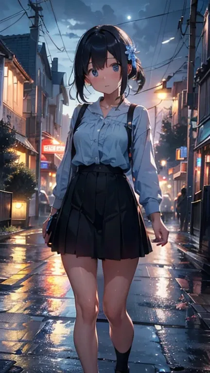 Hyperrealistic image of a street at night where the lights of the tracks are illuminating and it is raining , blue tone image　 A small flower is blooming while being brightly illuminated in the middle of the road 。 This pretty flower blooming in a place th...