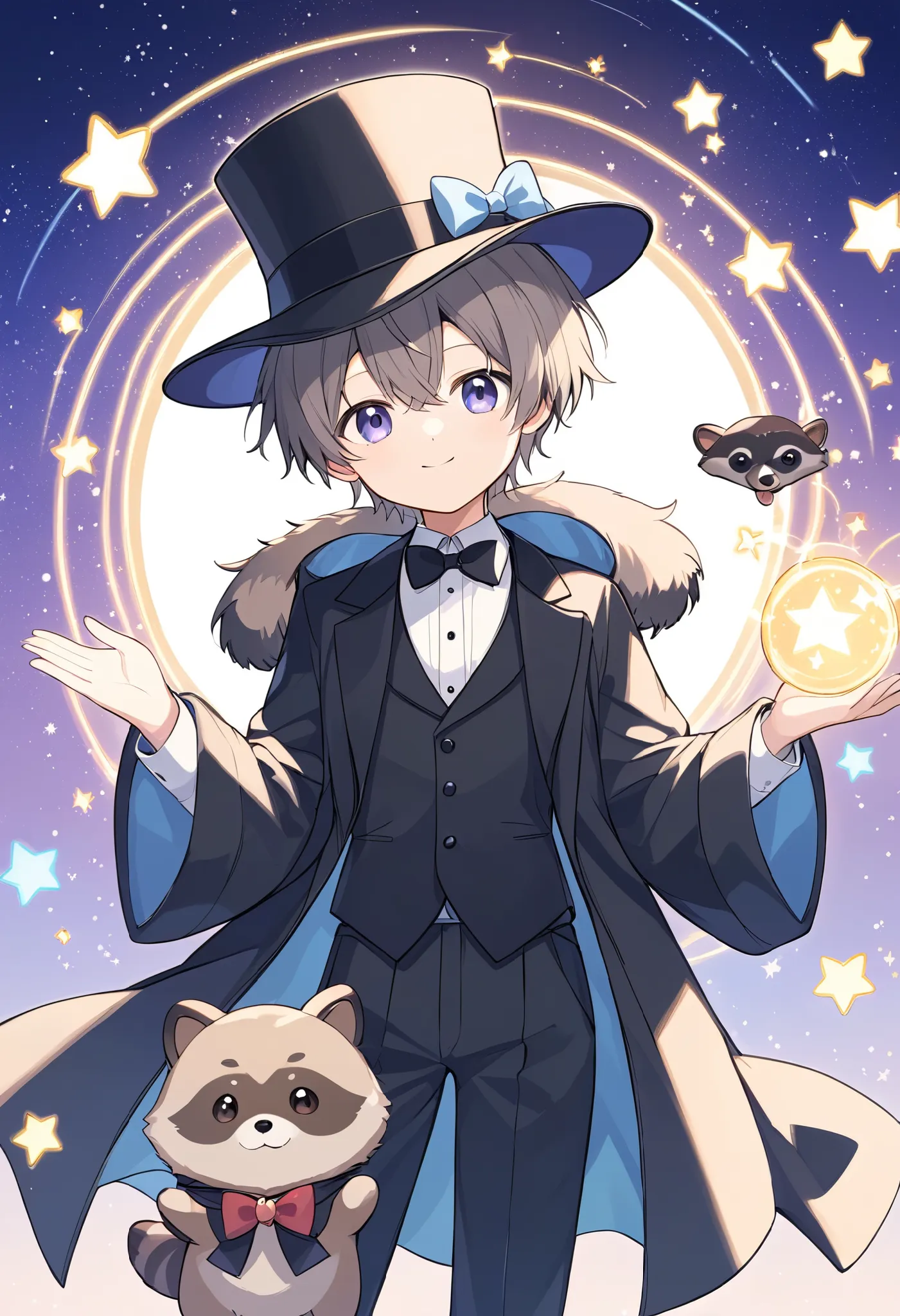  
 pale shade、Light line drawing、magician、手品をするraccoon dog、 wears a black tuxedo and hat、raccoon dog、 fluffy coat、cute,magic show background、dim