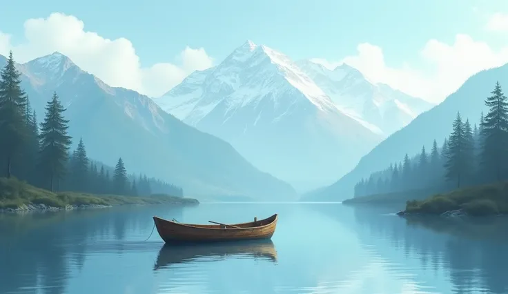 Mountains in the distance and the soft blue sky above of lake and a small wooden boat is in the lake