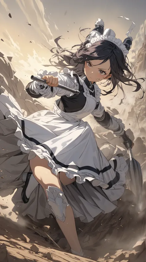 1 girl, ( cute face),  long hair, to many hairstyle,  Maid Suit Armor ,  Frilled Apron ,  short skirt,  Battle Mace Poses,  Pottery skin ,  small breasts, break, In the battlefield, (Brave Light :1.3),  Fighting Maid Atmosphere , break, Desolate landscape,...