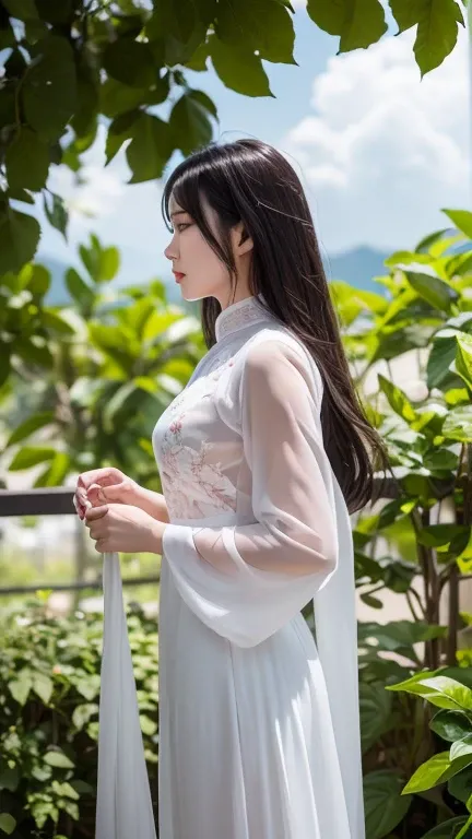 Masterpiece, a wide angle shot, full-body beautiful Asian woman, long soft hair, wearing a white ao dai in Vietnam, under soft but impressive clouds in the sky, soft and dreamy, fresh green leaves on a white background, inspired by Tran Ke Nhu, right cross...