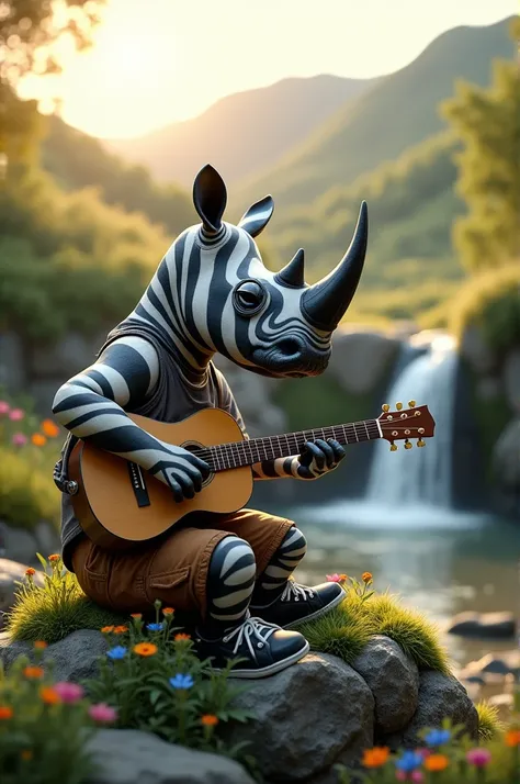 closeup image of a rhino whose skin is striped like a black and white dairy cow. wearing brown shorts with pockets. black and white sneakers. sitting on a mossy rock covered with small, colorful flowers. rhino is playing guitar. looks real and genuine. the...