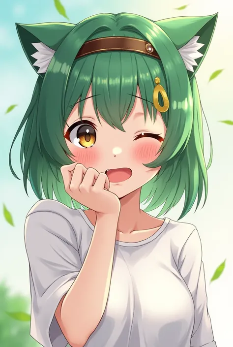 High resolution,  quality leather hair band, High quality, details,  one girl, short hair, Green hair, shiny hair, Breasts, cat ears, blush, open mouth,  tongue out of mouth , embarrassed, glaze,  seems about to cry, Hair ornament, light reflection, glowin...