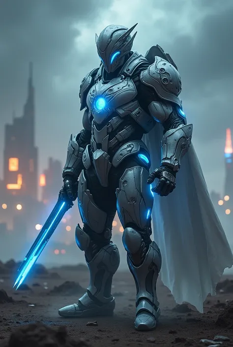 A heroic athlete with a strong, athletic build wearing futuristic armor, holding advanced sci-fi weapons, standing confidently on a battlefield with a glowing city skyline in the background. The armor is sleek and metallic, featuring intricate designs, wit...