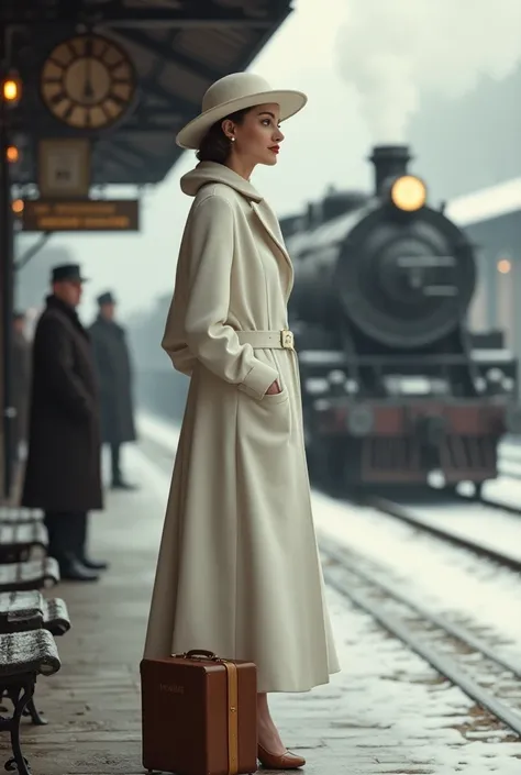 A 1930s classy woman in white 1930s coat with 1930s suitcase sitting on the train station by the 1930s  train arriving on the station. Winter day.