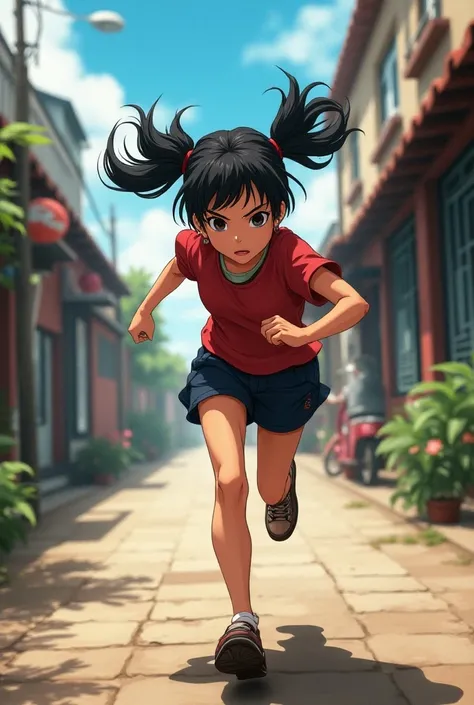 The girl with black hair and twin tails is running