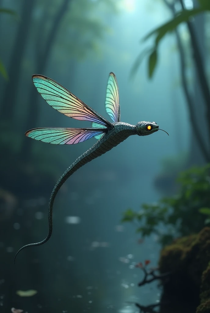 "In the misty depths of a glowing swamp, a serpentine creature with iridescent, insect-like wings glides through the air. Its elongated body shimmers in rainbow hues, and its segmented, metallic tail flicks with deadly precision. The head resembles a snake...