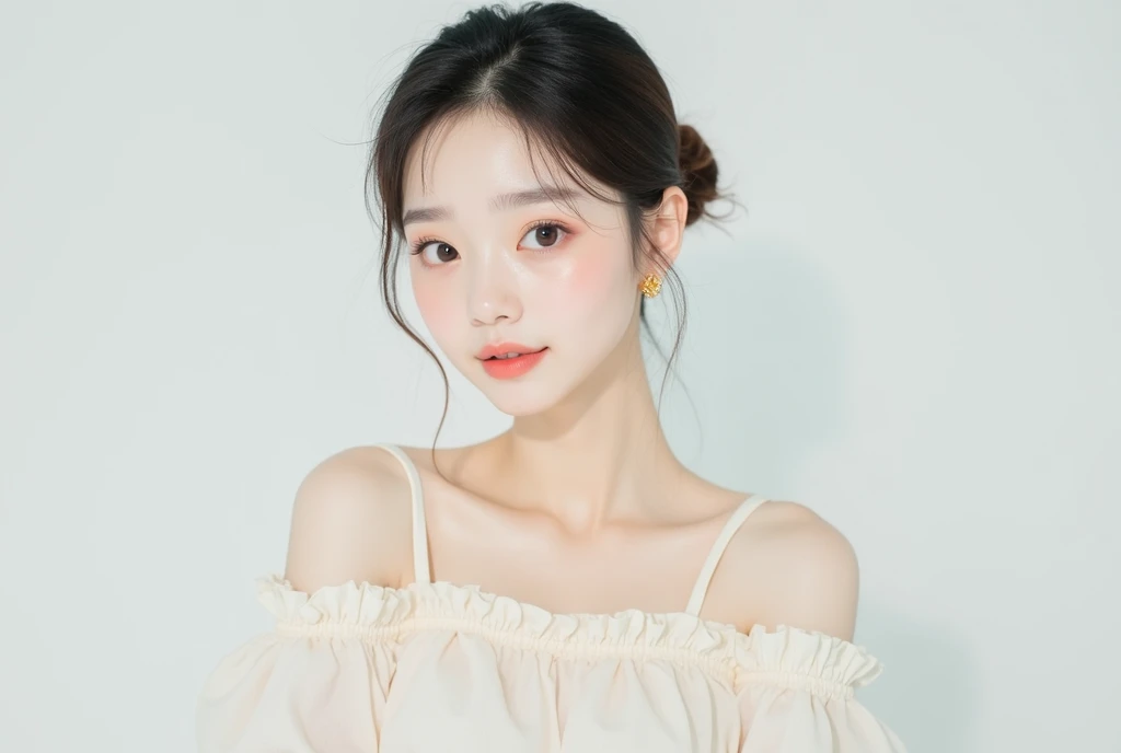 　Korean　 curly hair 　Asian with white skin　Close profile 　　 face with big eyes close by 　 youthfulness like a girl 　　 with realistic human-like freckles look like idols 　Koreanで小顔で鼻が高くて目が大きいKorean美女が小さなゴールドのシンプルなピアスをしている　　 cute face　 for plump lips with li...