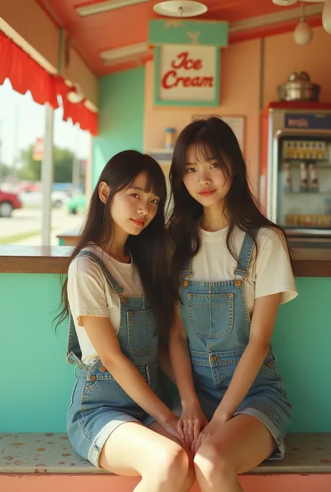 (2girls shot:1.3),(Philippines_12_Yo:1.5),(short_髪とLong Hair:1.3),cat,flat_Chest,  portrait MagMix girl looking at camera , Long Hair, Overalls_ micro _skirt,   retro ice cream shop with impressive pastel colored walls,  classic soda fountain counter ,  vi...