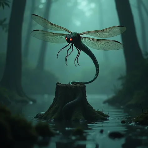 Under a shadowy, fog-filled sky, a serpentine creature with insect-like, translucent wings coils around a dead, submerged tree stump in the middle of a glowing swamp. Its shimmering, iridescent scales glow faintly, but its hollow black eyes exude an aura o...