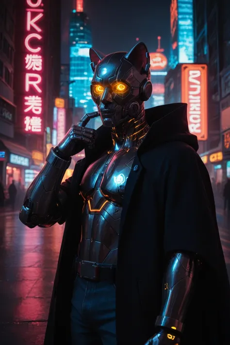 A mysterious man wearing a black cloak and a cute cat mask, standing bravely as he rescues a cute cat from a monstrous, cyberpunk-themed robot. The mechanical monster, with glowing eyes and sharp metallic features, towers over the man in a dark, neon-lit c...