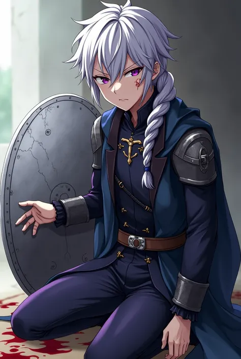 Anime guy,  Sitting on one knee and holding on to the right side of his face,  where is the cut from the sword hitting the eye , purple strict eyes are determined ,  and his silvery hair stained with blood is woven into a braid .  in his left hand he holds...