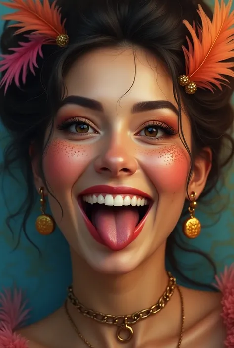 a close up of a woman with a very big smile on her face, portrait sophie mudd, pokimane, she has perfect white teeths, madison beer, insane smile, round teeth and goofy face, violet myers, crazy seductive smile, joyful smirk, tongue out, she is smiling and...