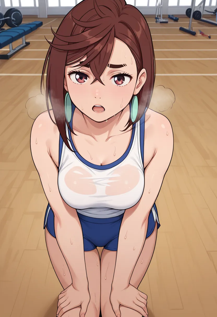 momo ayase, short hair, brown hair, brown eyes, bangs, thick eyebrows, medium breasts, facing viewer, gym background, gym concep...