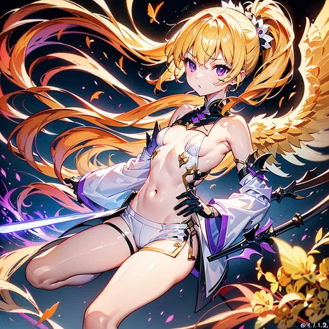 Highest quality 1.3、1 holding a black spear in his left hand.4、Alone、(long side ponytail 1.2)(( best quality))(((One person)))( anatomically correct) (Handcrafted) Fleshy Thighs 1 .1、 white fantasy clothes 1.1、 black hot pants 1 .6、Angel,Wrapped in flames(...