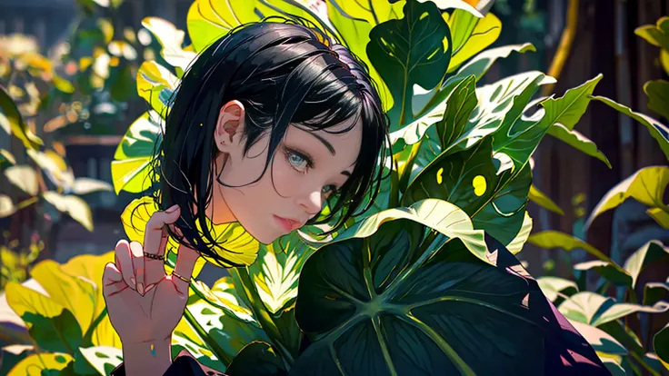 {dark rainy evening}, {{ hold a large butterbur leaf above your head}}, masterpiece,  best quality,  Extremely detailed,  girl,  black hair, A Woman Walking in the Japanese Countryside,　emo, dim,  depth of field, rainbow,  Highly Detailed Eyes and Faces、Be...