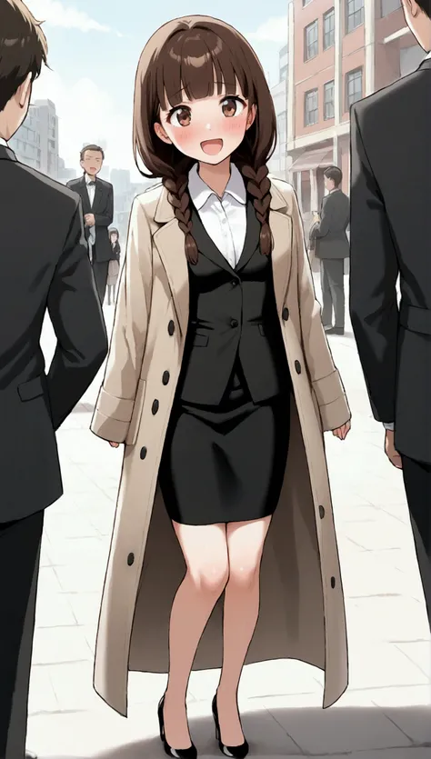 { best quality], [Very beautiful], [Ultra fine], [Best illustration],sauce_anime,stand,Brown Hair,hime cut,Long Hair,Braids,Excited face,Cutesy,Beautiful breasts, slender, make you blush,Woman looking up,Embarrassed,People around,In the city,During commute...