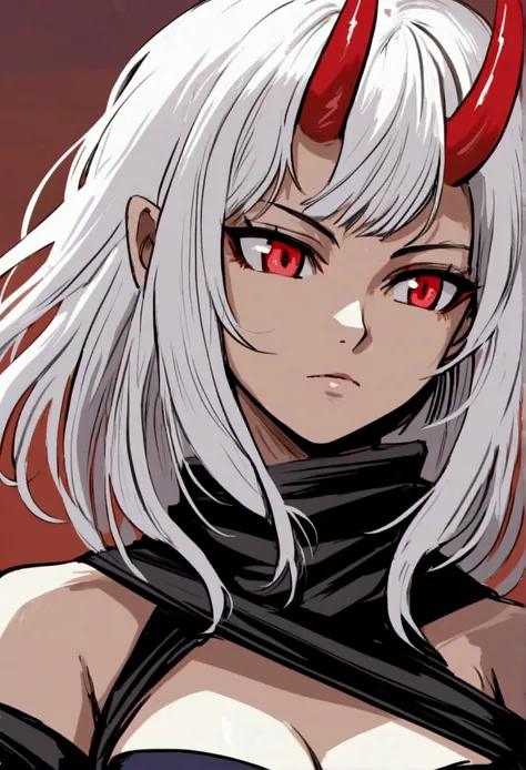 Anime, stoic woman, white hair, red horns, oni, wrapped white chest, black ninja clothes