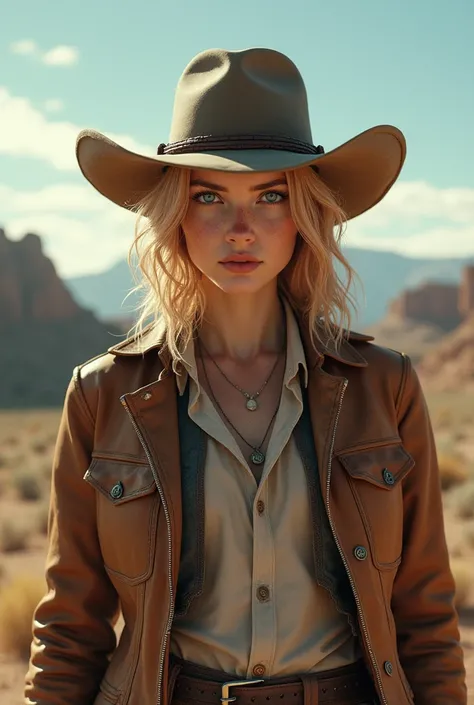 A woman with strawberry blonde hair, rugged and tough-looking, short hair (to her shoulder maybe), icy blue eyes, pale skin, western, cowgirl 