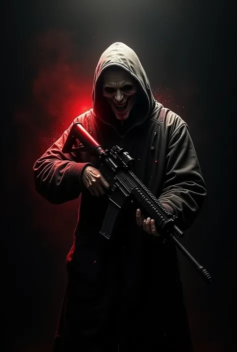 Ghosts character of codm in fully Black background, face is horrible and clear slightly Red light from side to body , with a heavy machine gun and with  blood for mobile wallpaper size