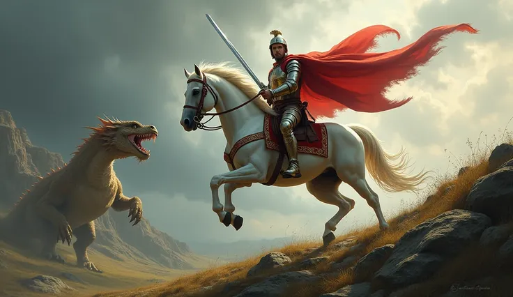  Make an image of 1024 x 768 pixels and a screen ratio of 4:3 of the Catholic Saint  "Saint George" on top of his white horse with his traditional helmet ,  sticking his sword into the dragon 