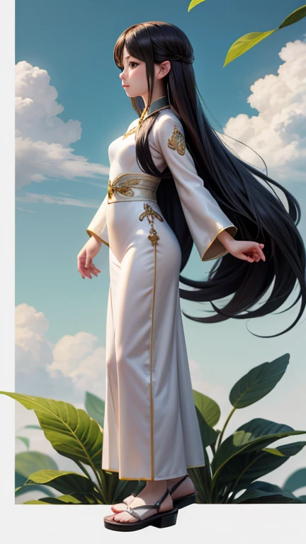 Masterpiece, a wide angle shot, full-body beautiful Asian woman, long soft hair, wearing a white ao dai in Vietnam, under soft but impressive clouds in the sky, soft and dreamy, fresh green leaves on a white background, inspired by Tran Ke Nhu, right cross...